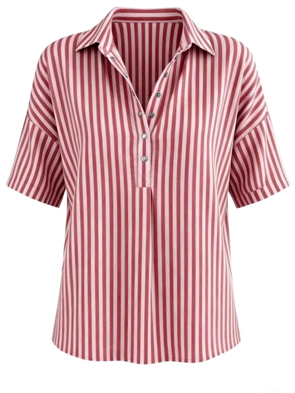 Striped Pink Short-Sleeve Half Snap Button-Front Women's Top